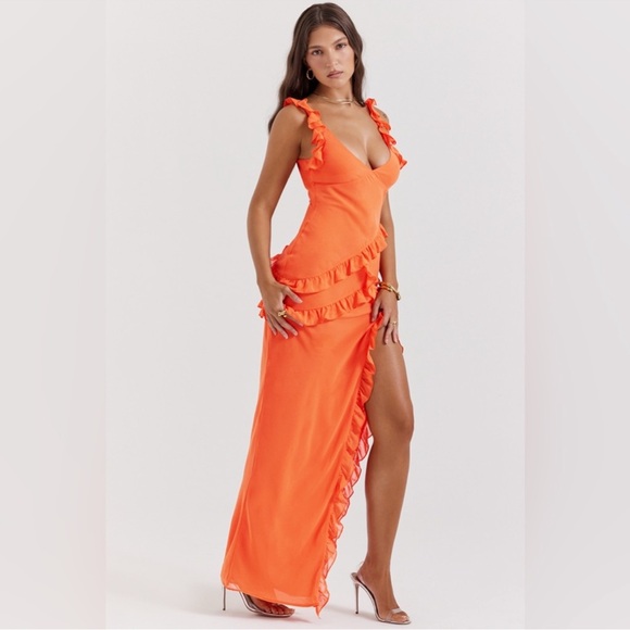 NWT HOUSE OF CB 'Pixie' Georgette Flame Orange Ruffle Maxi Dress - Picture 6 of 10